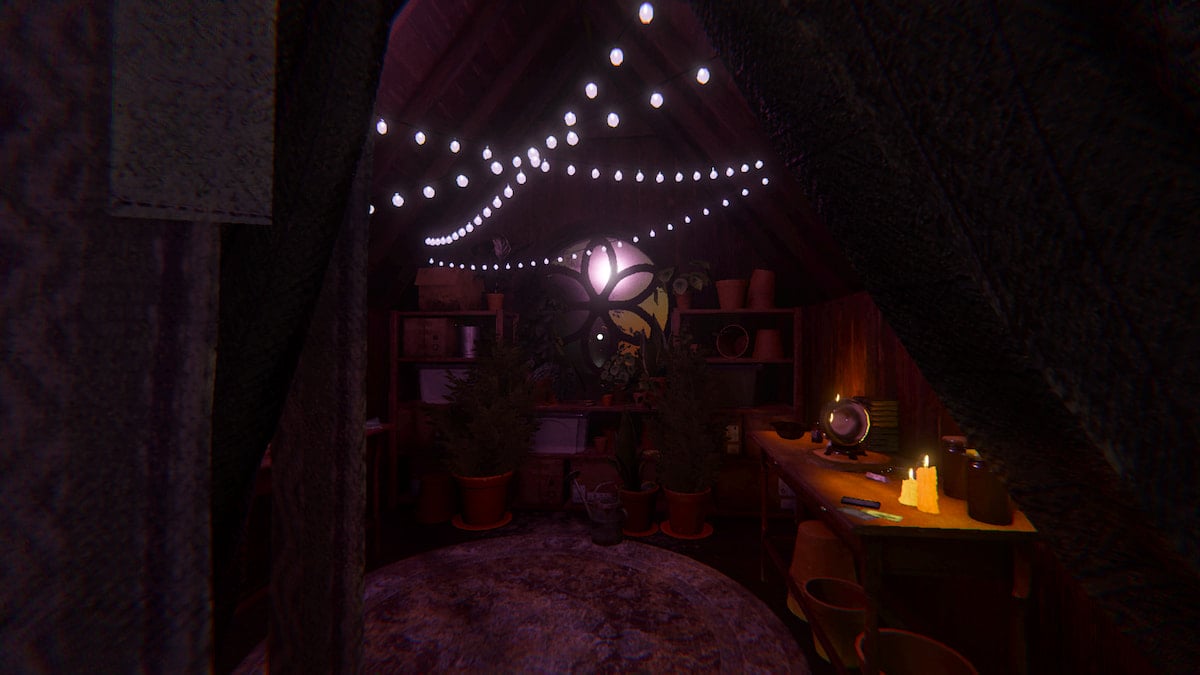 A purple witchy bedroom window with a string lights hanging over it, lots of plants on the ground in front of it, and a table with some tarot cards and a crystal ball next to it in Phasmophobia.