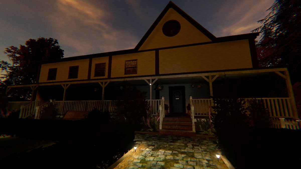 The exterior of the Bleasdale Farmhouse rework which is a white and brown house with a stone pathway leading up to it in Phasmophobia.