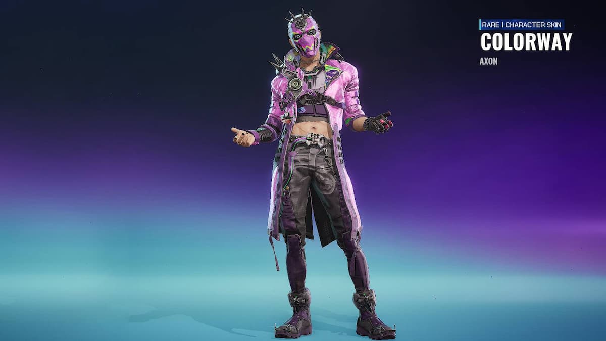 Man in a mask and a pink trench coat standing with raised arms in FragPunk.