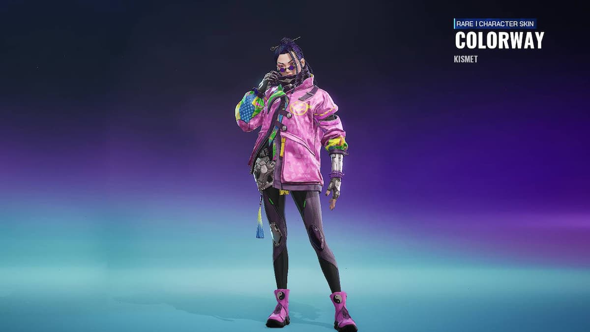 A woman with glasses and an oversized pink jacket holding her arm to her head in FragPunk.