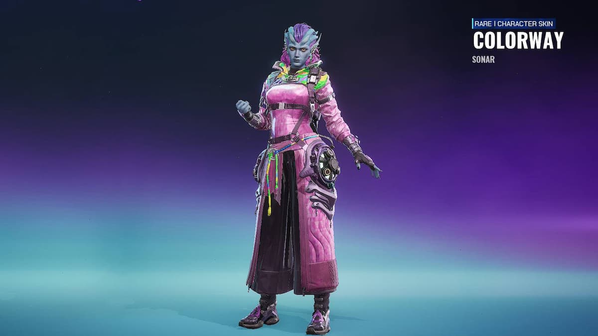 A humanoid creature with blue skin and strange hair wearing an ovrsized pink jacket in FragPunk.