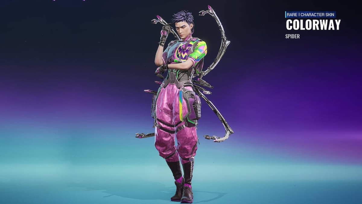 A man with mechanic spider arms protruding from his back. He wears pink pants and is resting one of his arms on the other in FragPunk.