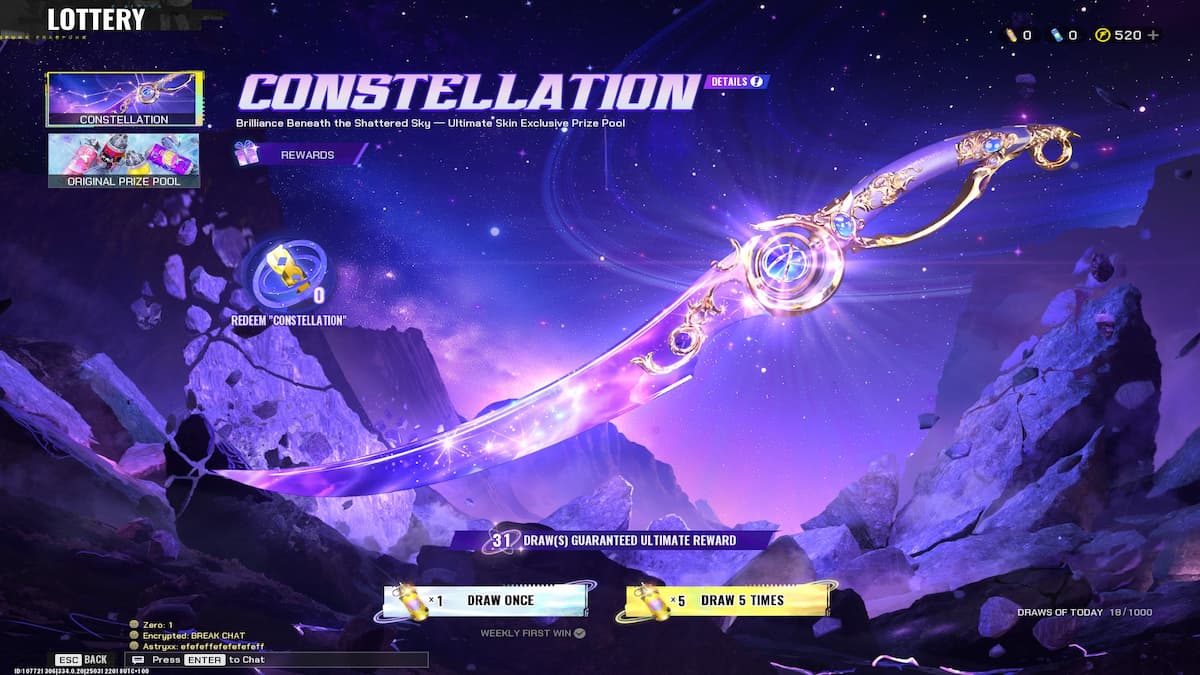 A dagger with cosmic elements with a strange planetary and cosmic background in FragPunk.