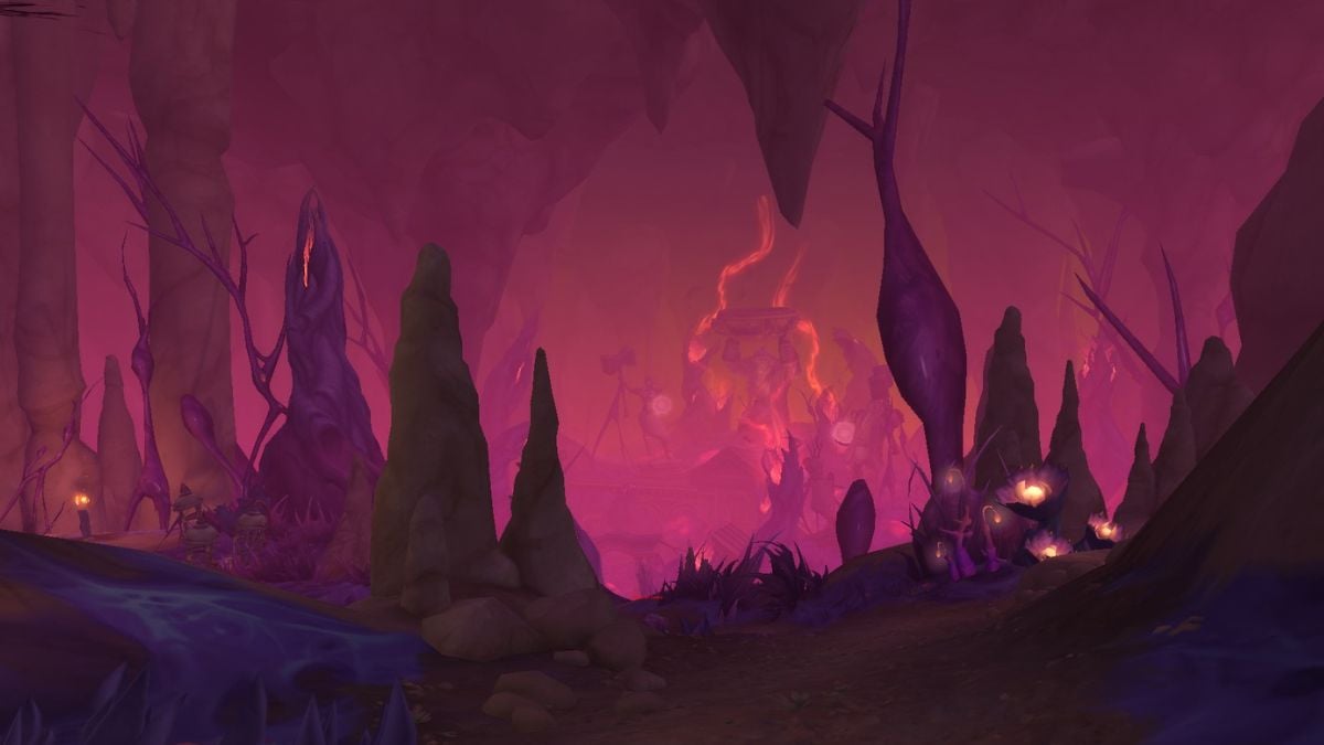 Delve in World of Warcraft with a pink sky underground.