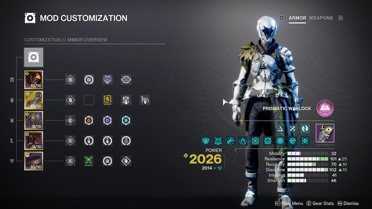 Warlock armor mod screen in Destiny 2