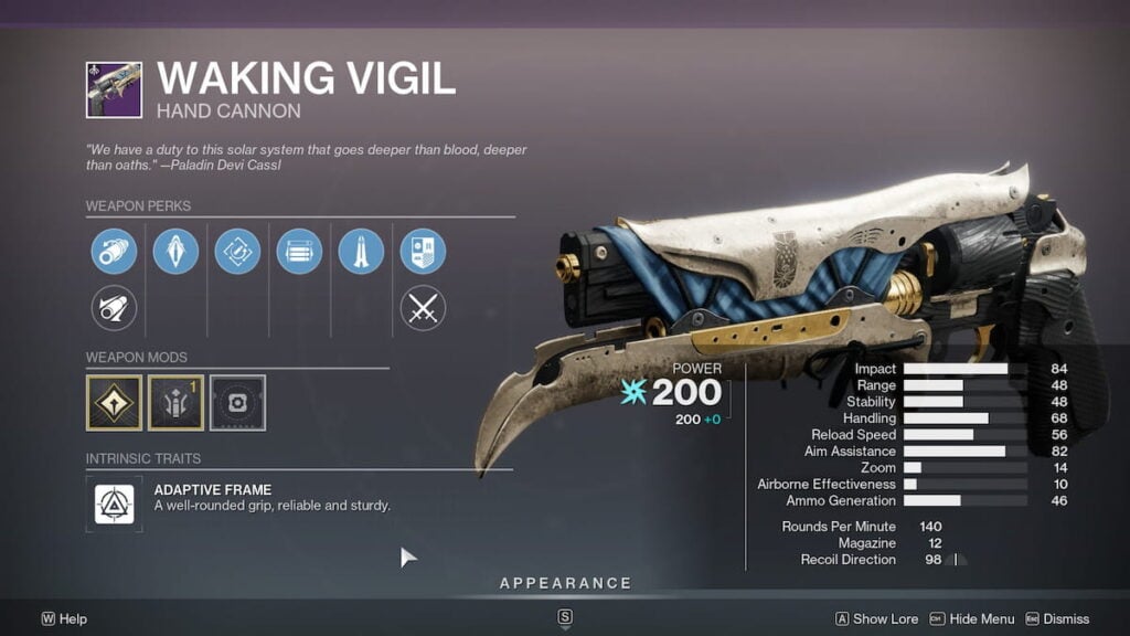 Waking Vigil hand cannon in Destiny 2