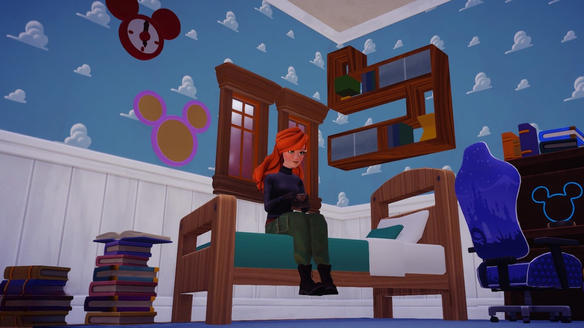 A player dressed as kim possible with bright orange hair, a black turtleneck, and green cargo pants sitting on a bed and scrolling on their phone in Disney Dreamlight Valley.