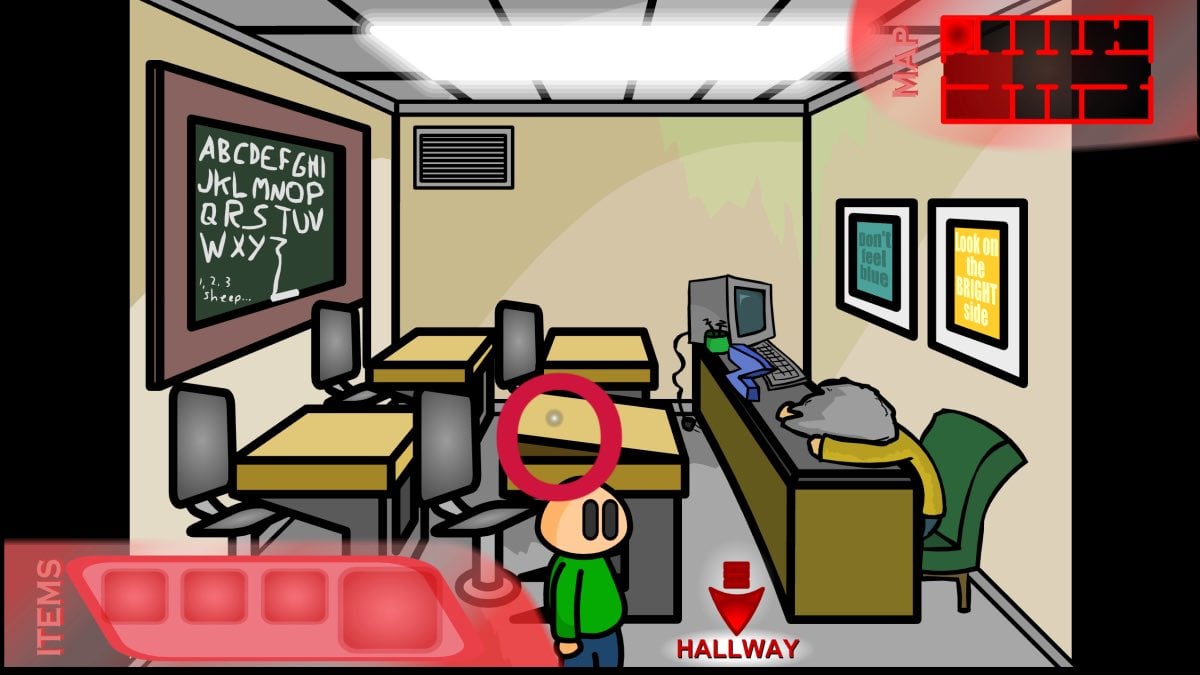 riddle school kid and sleeping teacher in a classroom