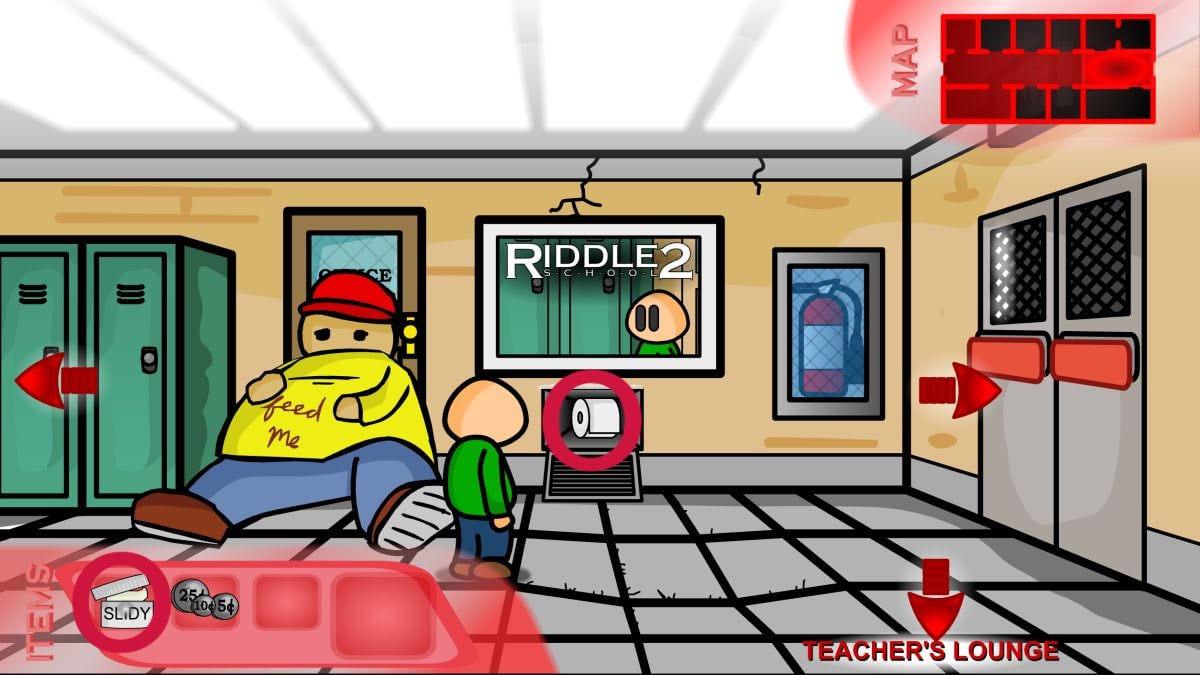 a large character sits in a red cap and yellow top, blocking a door. there is toilet paper in the vent.