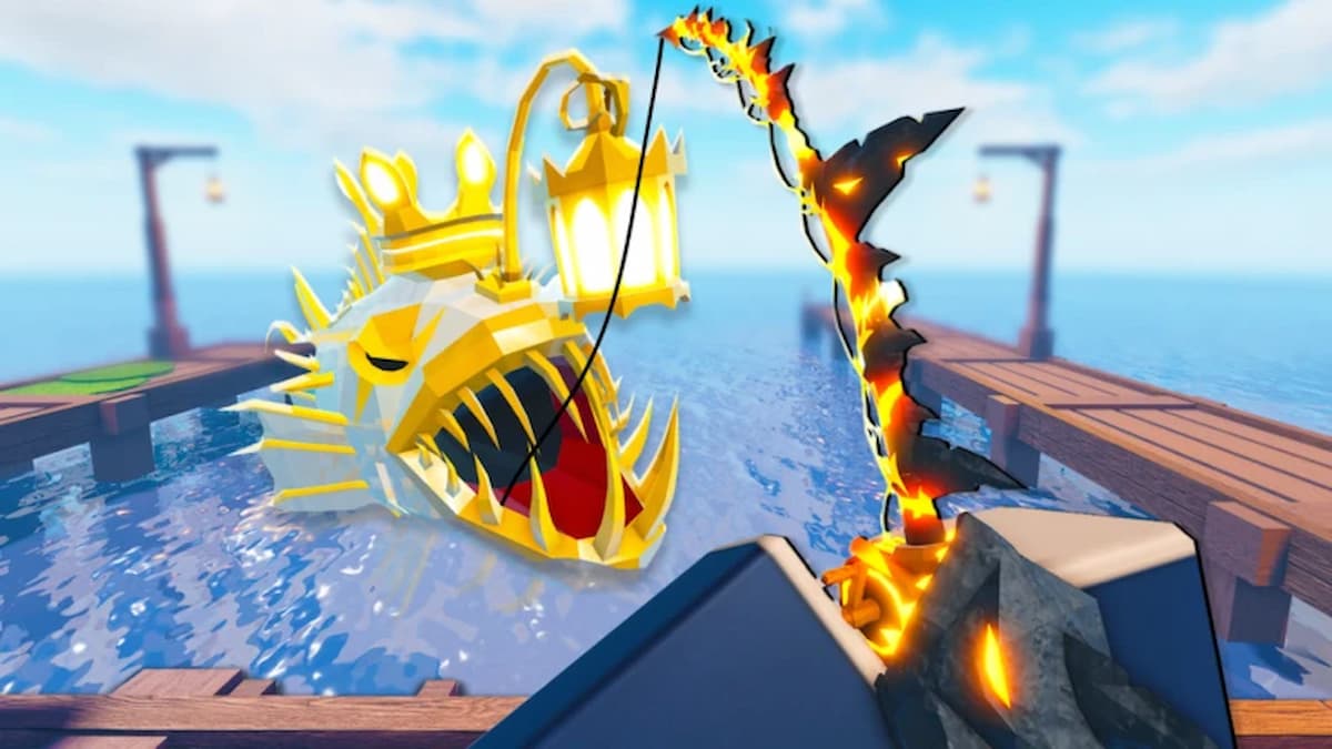 hooking a giant white fish with golden teeth and a crown