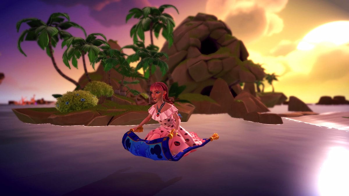 A player in a pink dress with pink braids flying over water in front of skull rock island on a purple magic carpet in disney dreamlight valley.