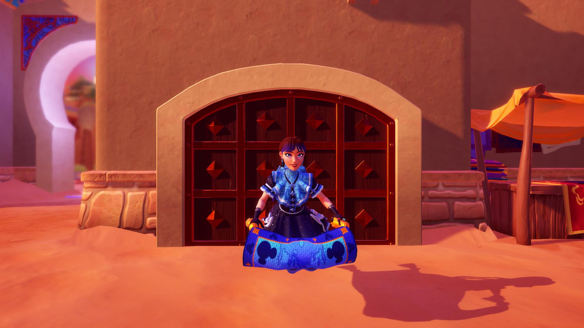 A player with brown and blue braids wearing a dark blue dress and flying on a magic carpet in front of a secret golden door in disney dreeamlight valley