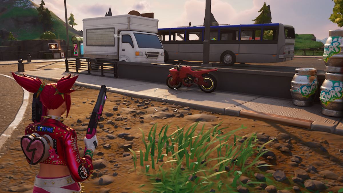 character looking at a red bike