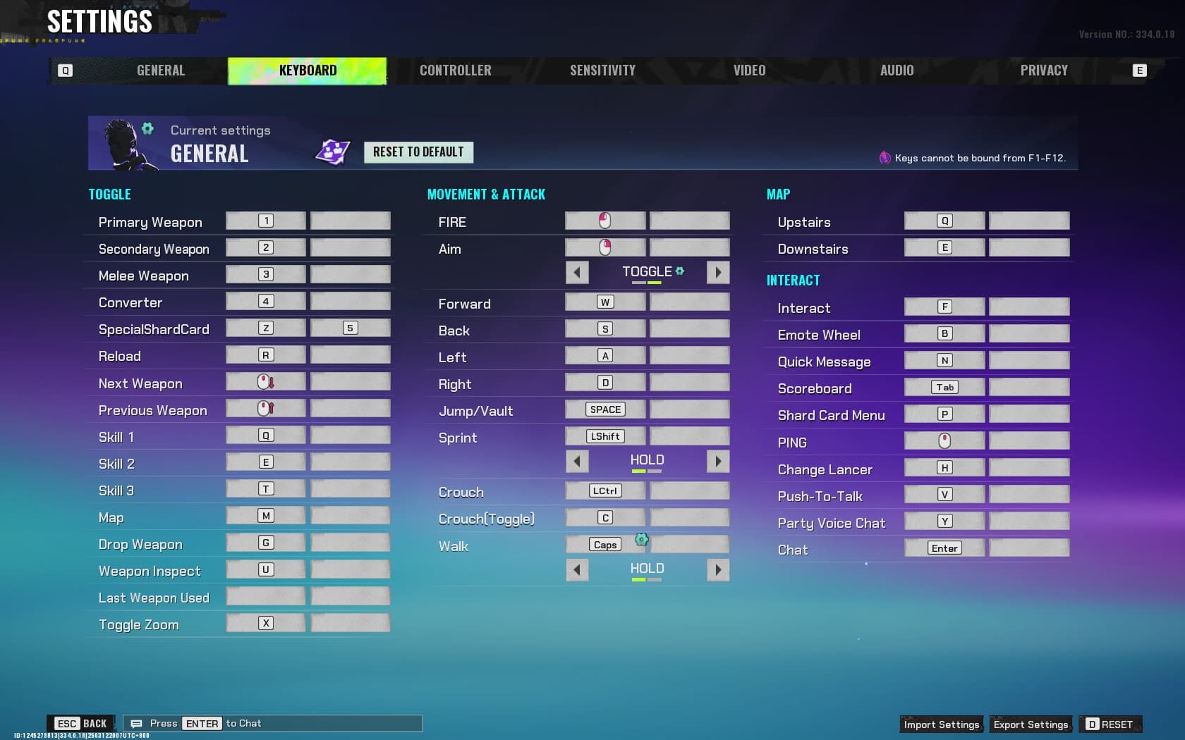 Screenshot of keyboard settings in FragPunk