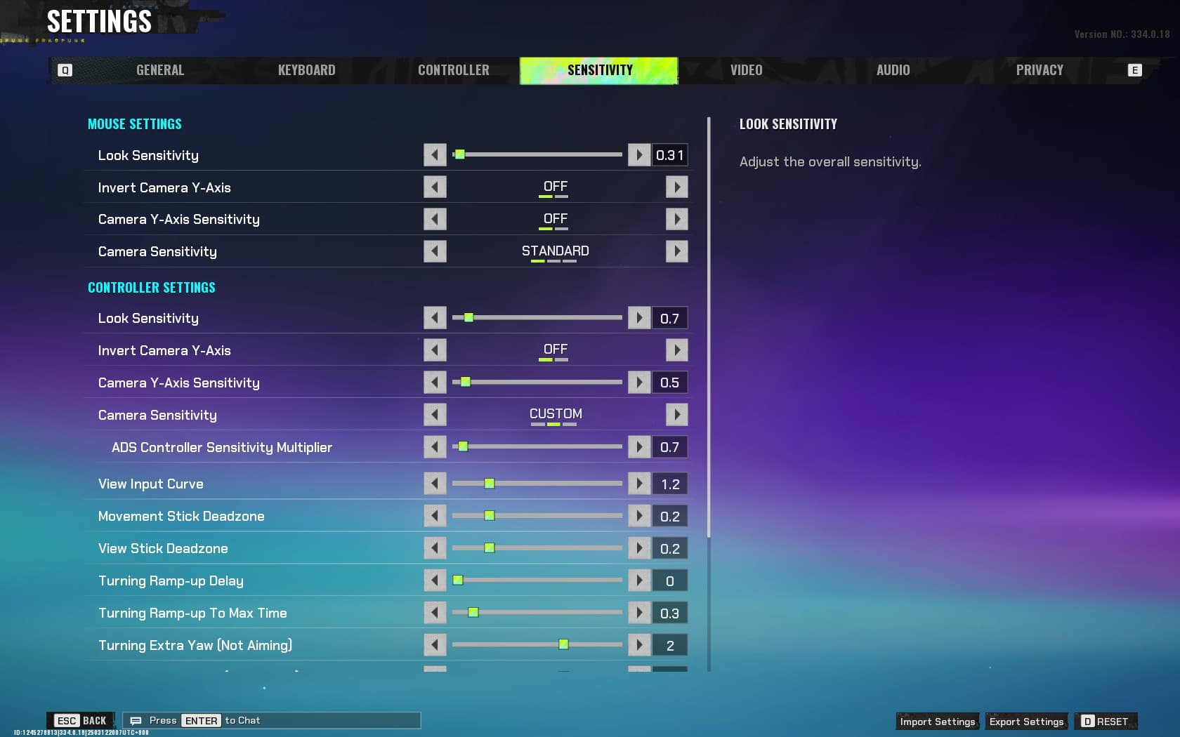Screenshot of mouse settings under Sensitivity tab in FragPunk