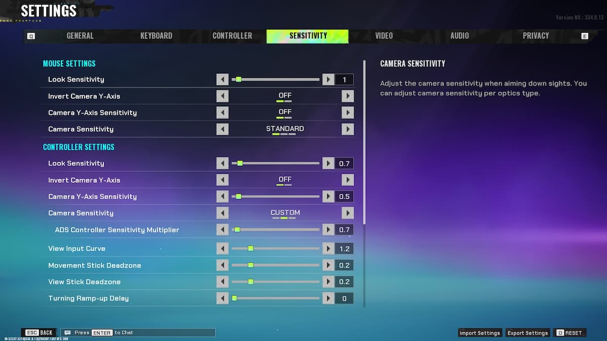 The Sensitivity tab in the FragPunk settings.