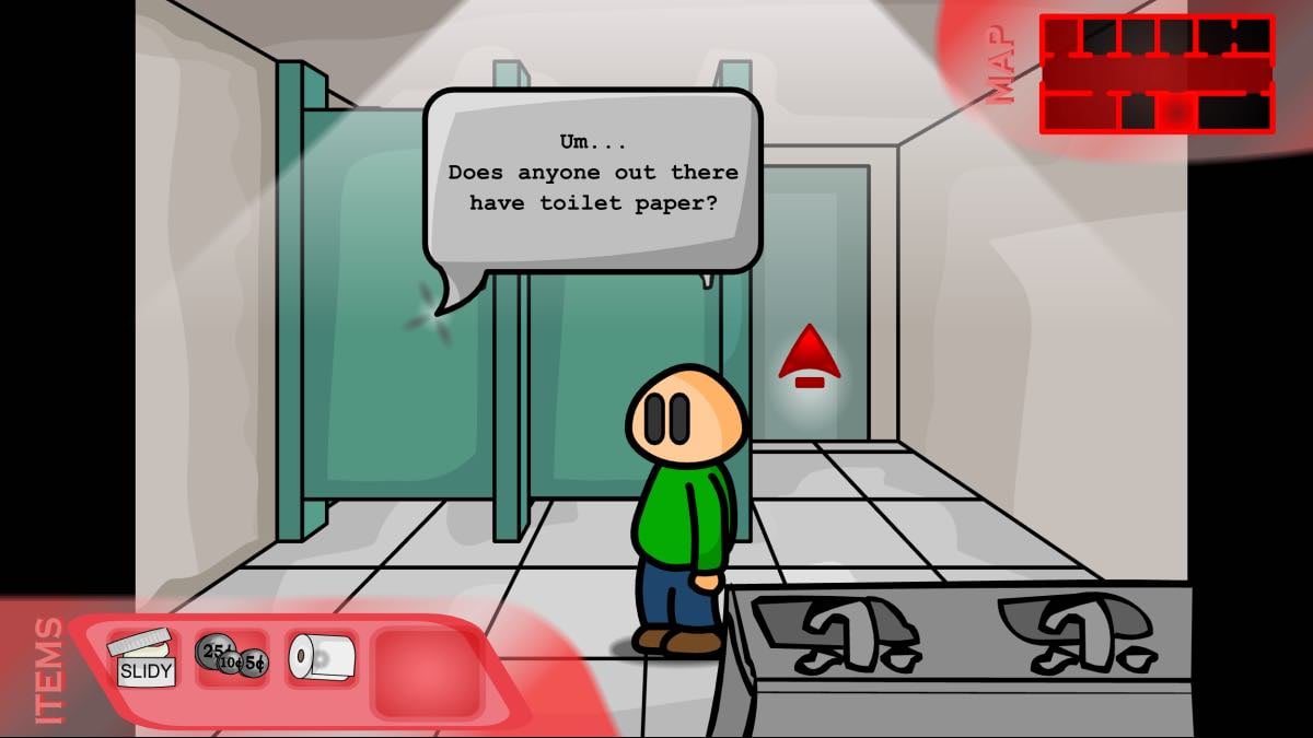 a student in the toilet cubicle asks for toilet paper