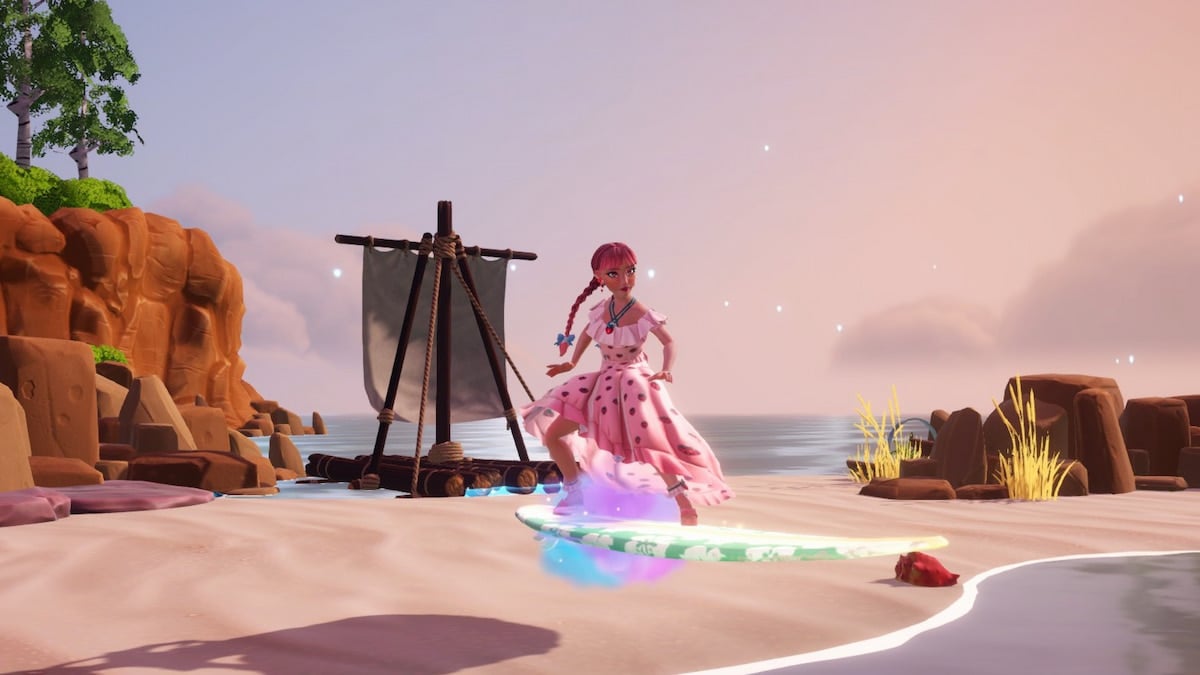 A player with pink braids and a pink strawberry dress gliding on a surfboard on a sandy island in Disney Dreamlight Valley