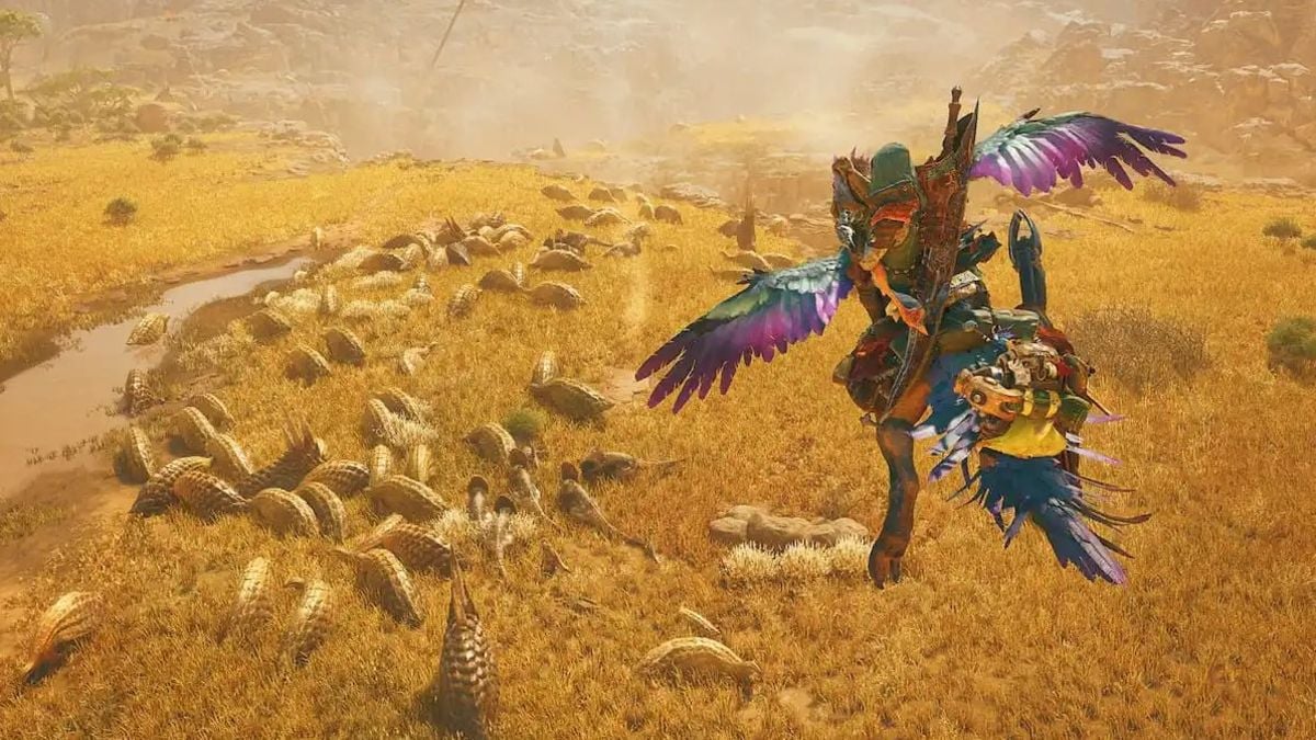 Monster Hunter flying into a pack of monsters in Monster Hunter Wilds