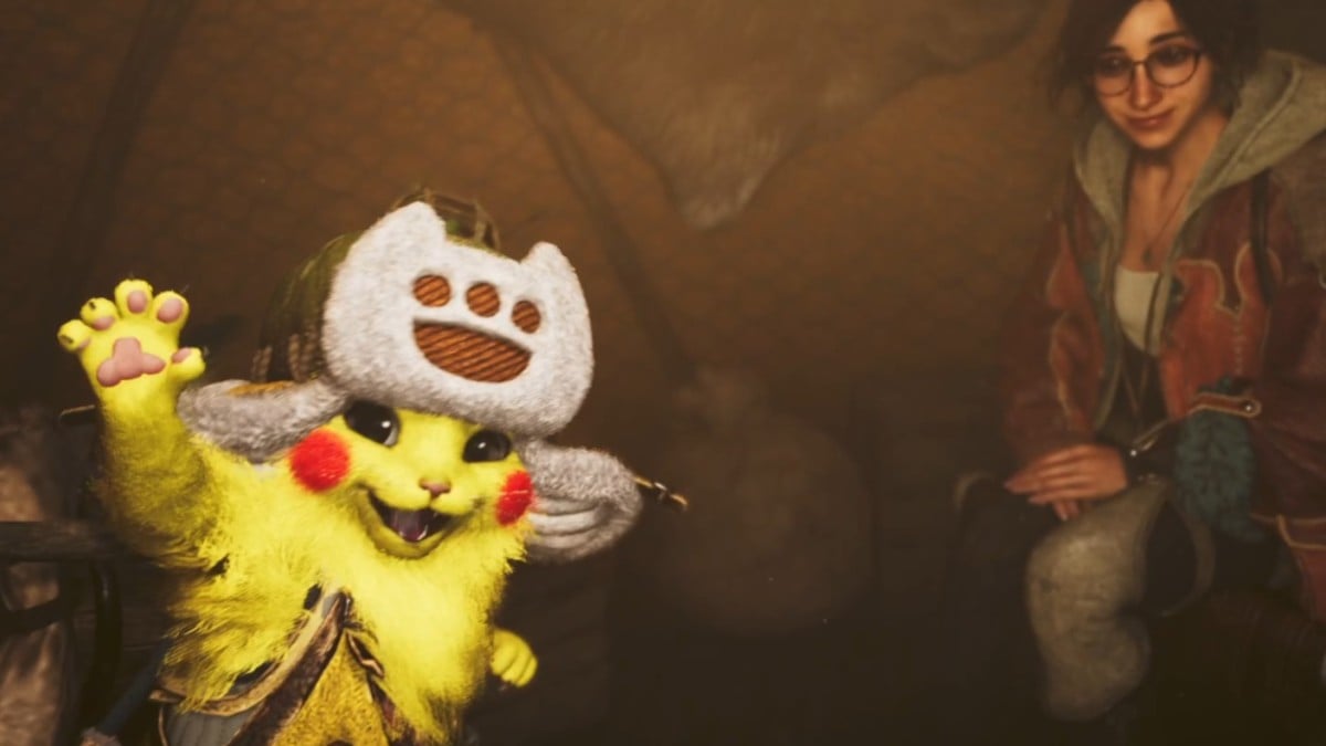 Pikachu like Palico waving at the start of Monster Hunter Wilds