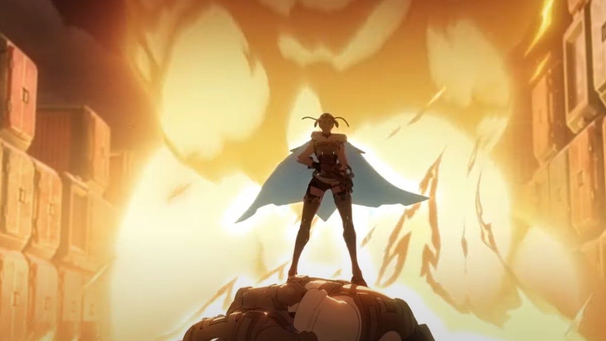 OW2 Freja trailer screenshot of the hero standing in front of an explosion