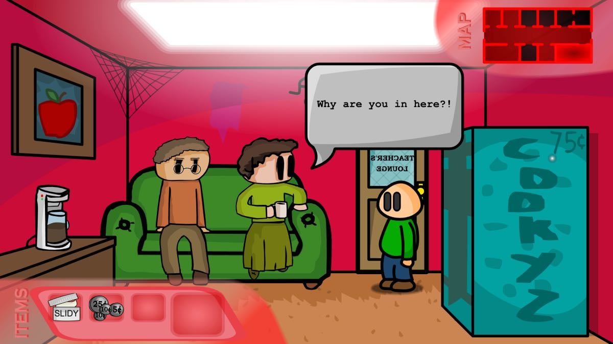 two teachers and a student in a red room with a green sofa