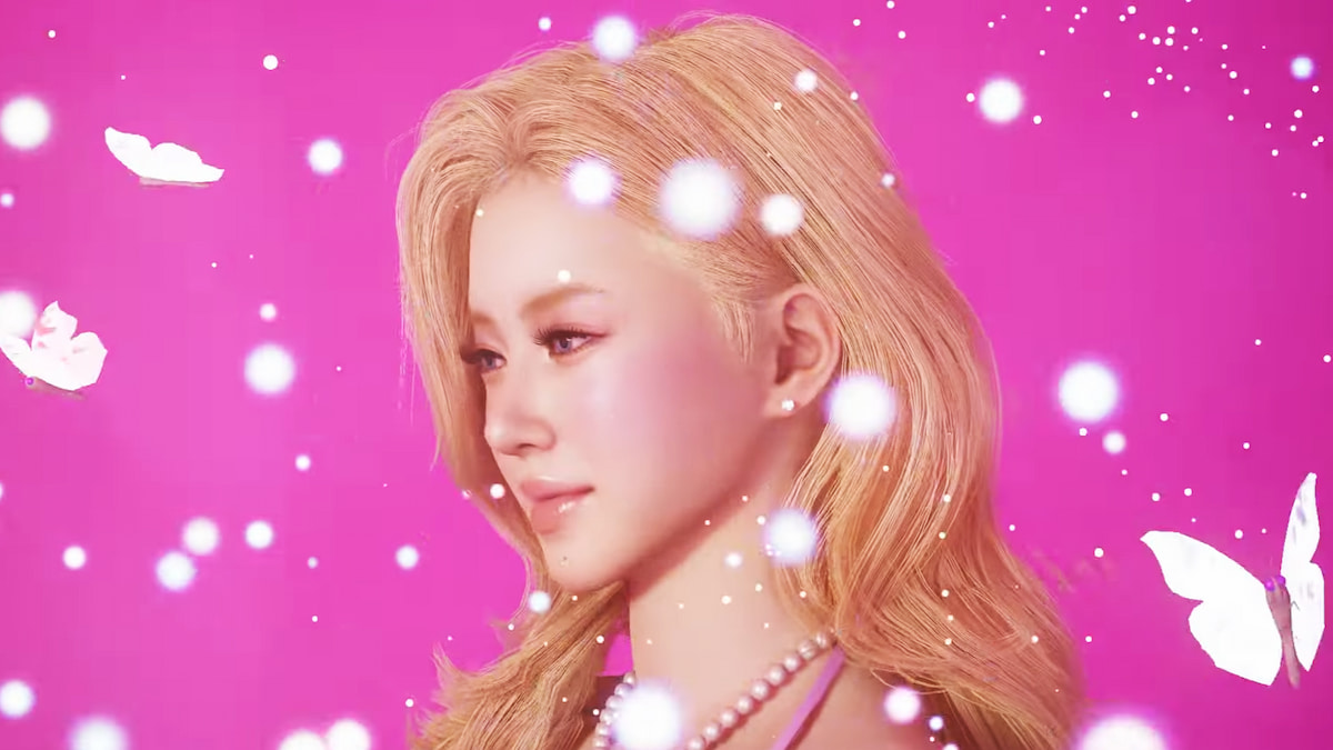 A character in inZOI with curly blonde hair staring off to the side as white butterflies fly by over a bright pink background.