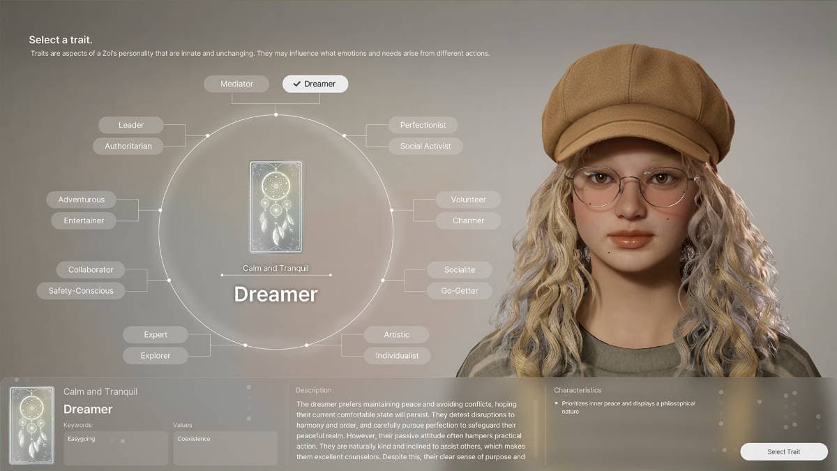 inZoi character creation screen displaying the personality chart with a blonde character in a hat.