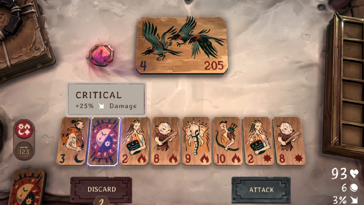 League of Legends Demon's Hand minigame card with critical strike chance and purple outline