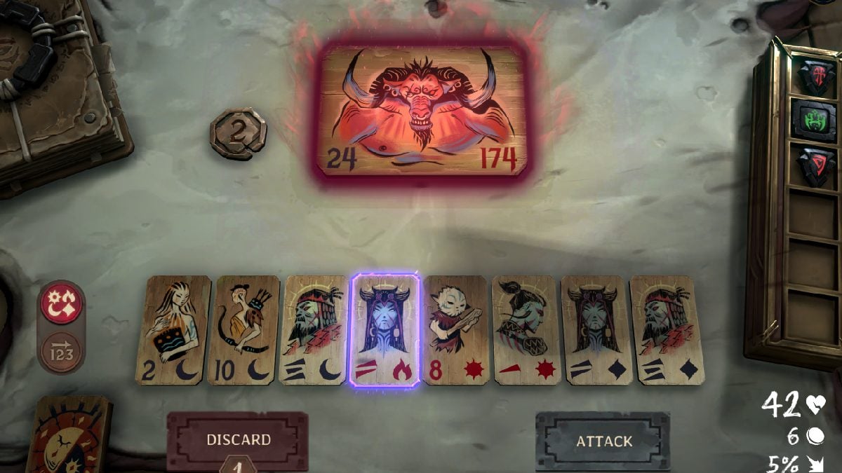 League of Legends Demon's Hand minigame combat against minotaur boss with health, attack, turn counter
