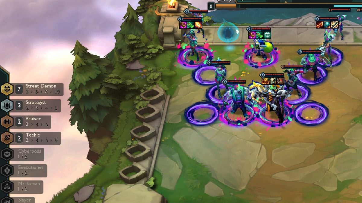 Teamfight Tactics Set 14 Street Demon trait in action with 7 units and painted purple hexes on board