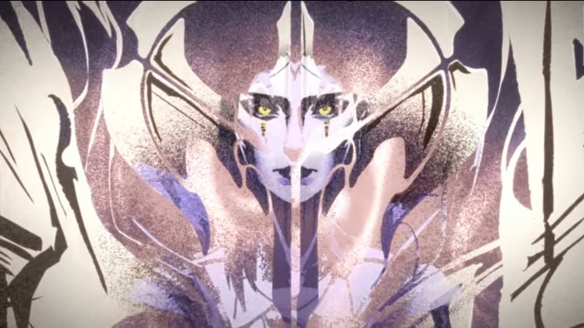 LeBlanc staring at her reflection under a pattern.