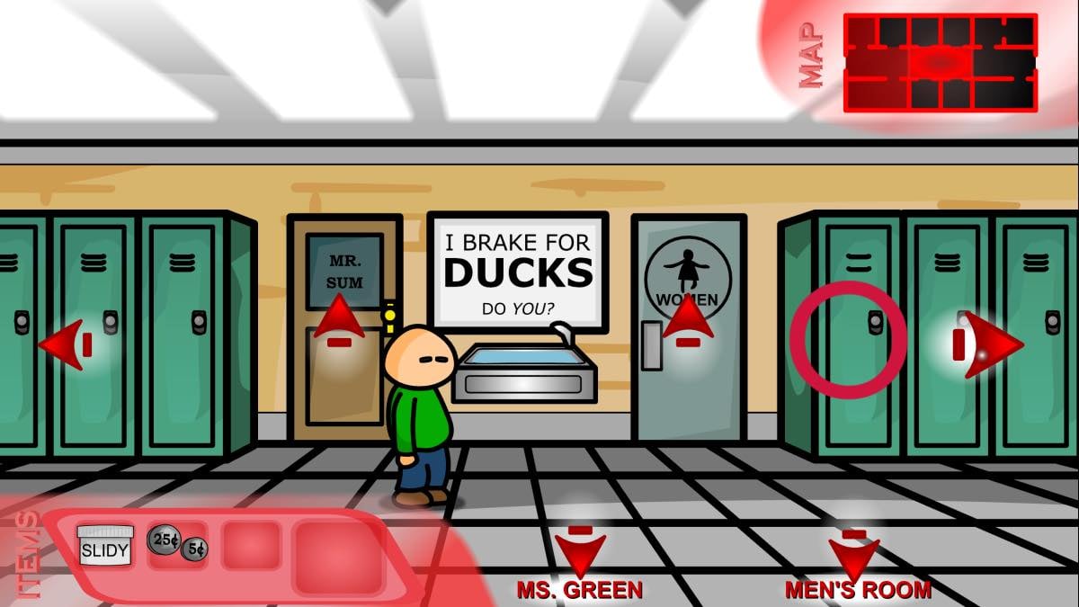 a hallway with green lockers and one is highlighted with a red circle