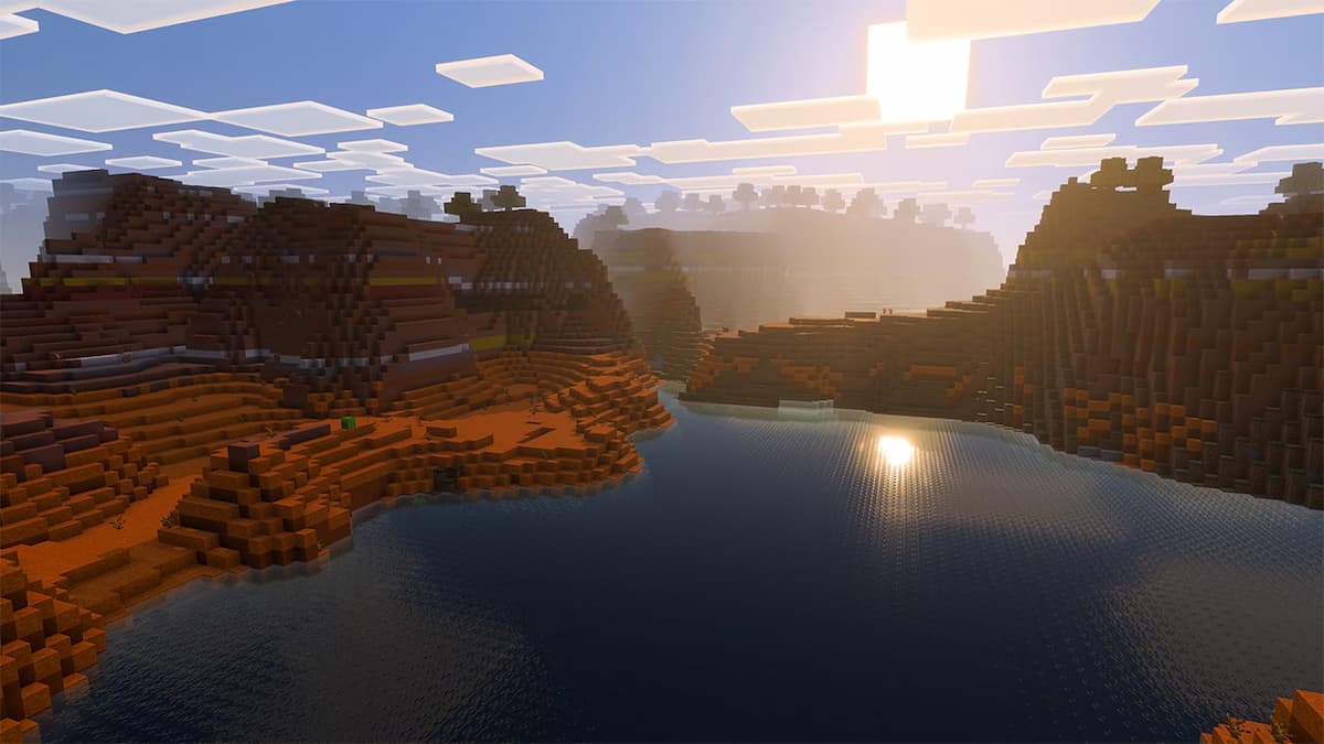 An image of a lake in Minecraft with Vibrant Visuals on.