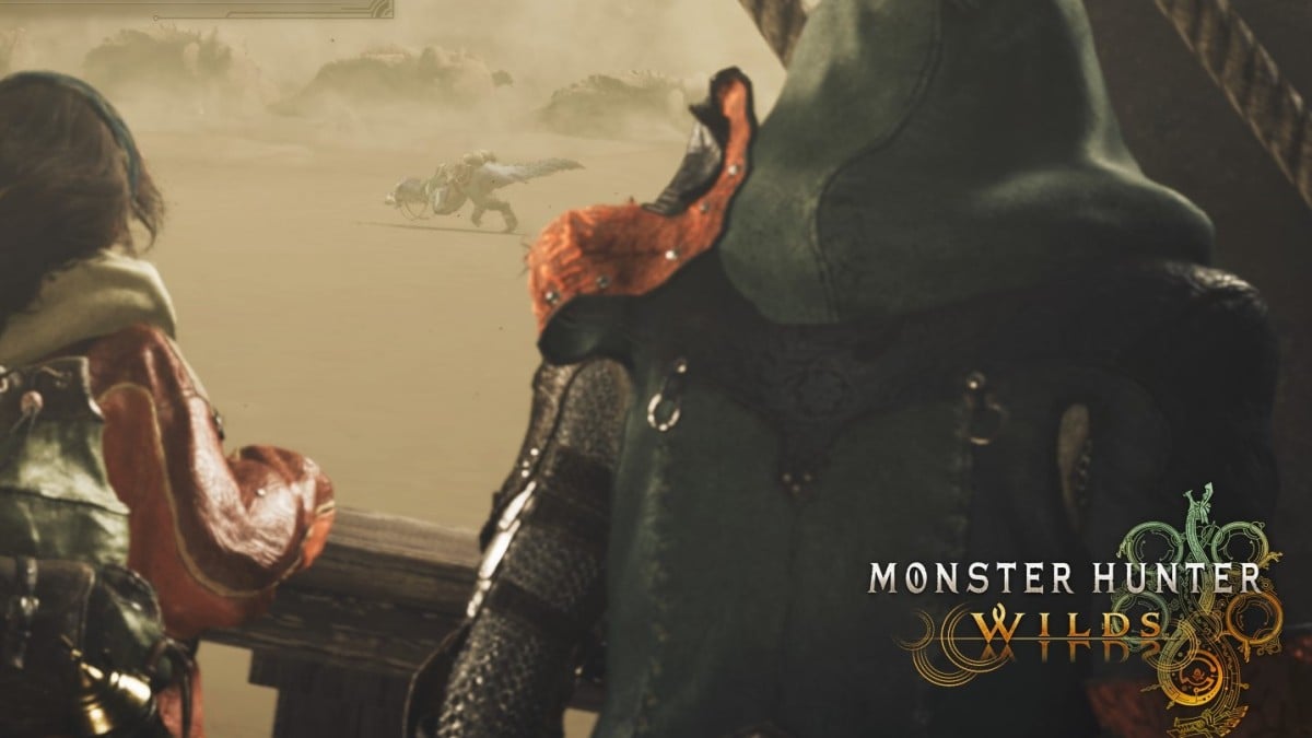 Two characters in Monster Hunter Wilds looking down at a monster roaming in the desert