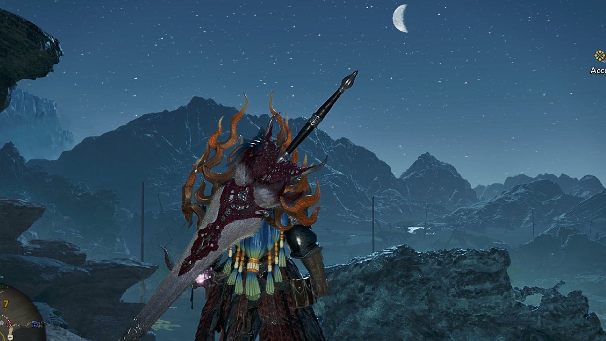 Monster hunter Wilds character standing with longsword on his back facing the moon