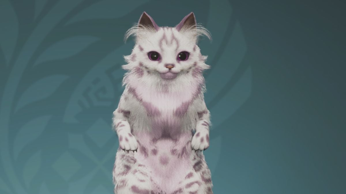 Palico appearance editing menu in Monster Hunter Wilds showing a pink cat with leopard print.