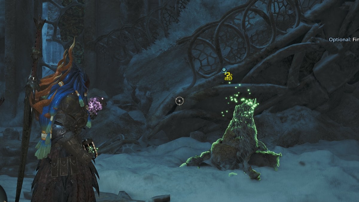 Monster Hunter Wilds collect rarity 6 items from special nodes. Snow cave node player with longsword standing in front.