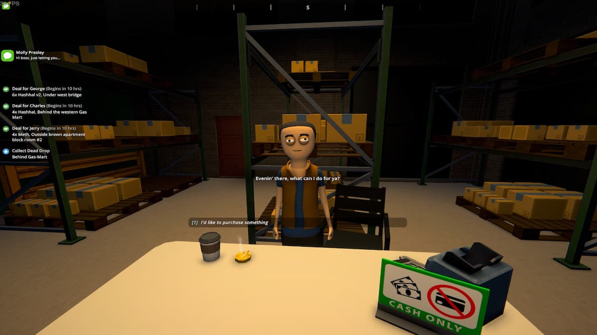 Oscar, a peddler of illegal goods standing in a warehouse in Schedule 1.