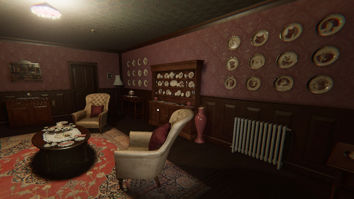 A pink tea room with cat and dog plates hung on the walls in Phasmophobia.