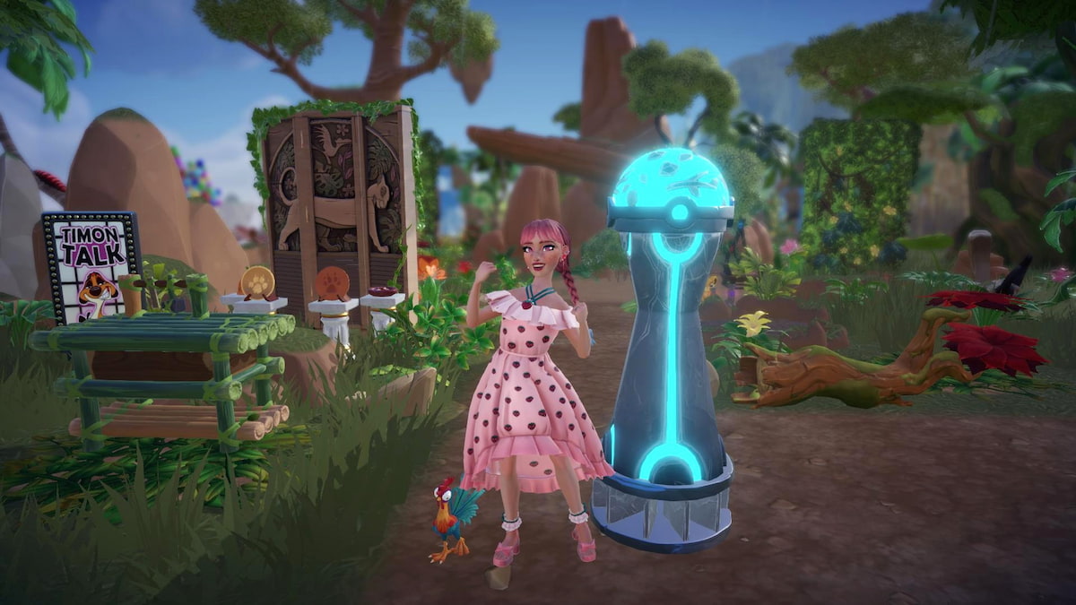 A player with pink braids and a pink strawberry dress standing by a grey and bright blue Ancient Vacuum in Disney Dreamlight Valley