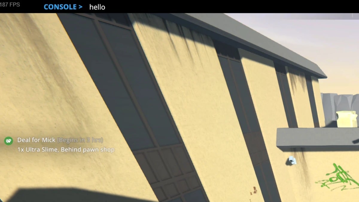 Schedule 1 unlocked console view with hello text