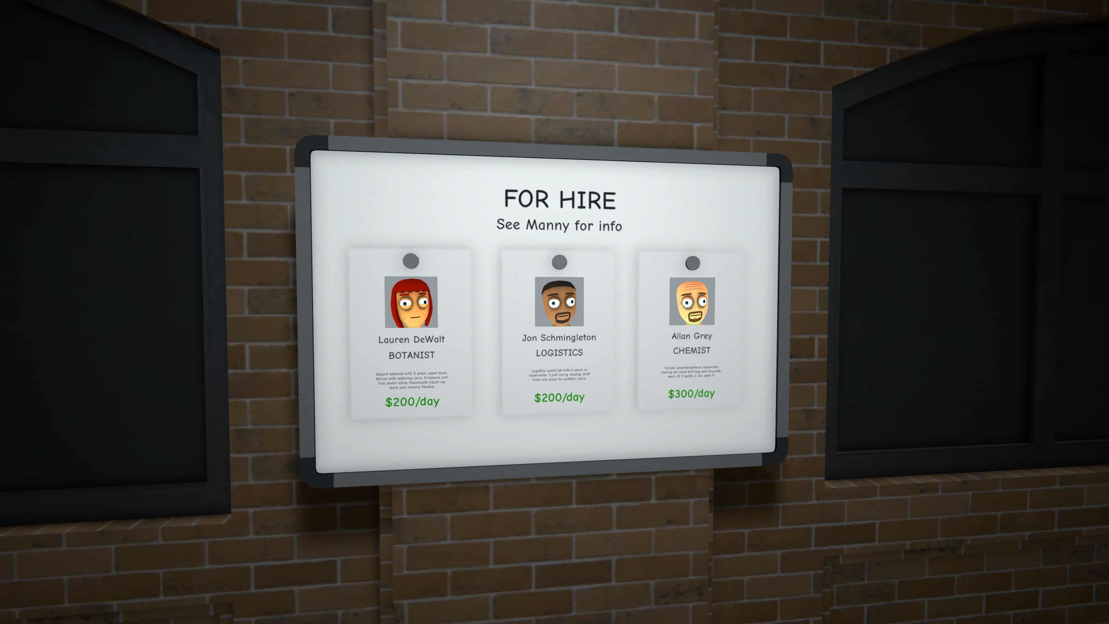 in-game image showing a board with possible hiring opportunities in Schedule 1.