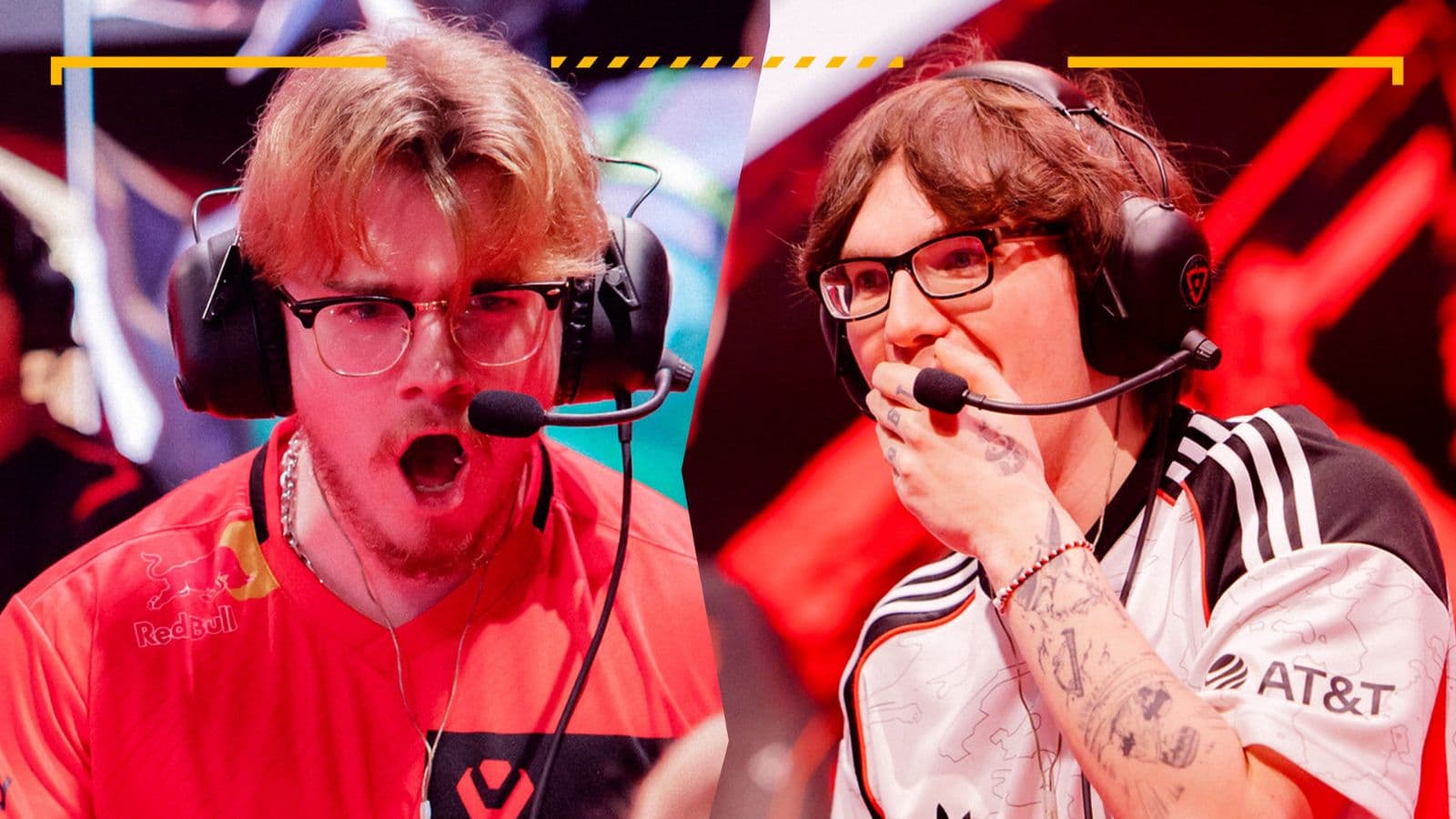 Sentinels' Zellsis (left) screaming and 100Thieves' Boostio covering his mouth with his hand in the poster for the Sentinels vs 100Thieves match in the VCT Americas stage one 2025