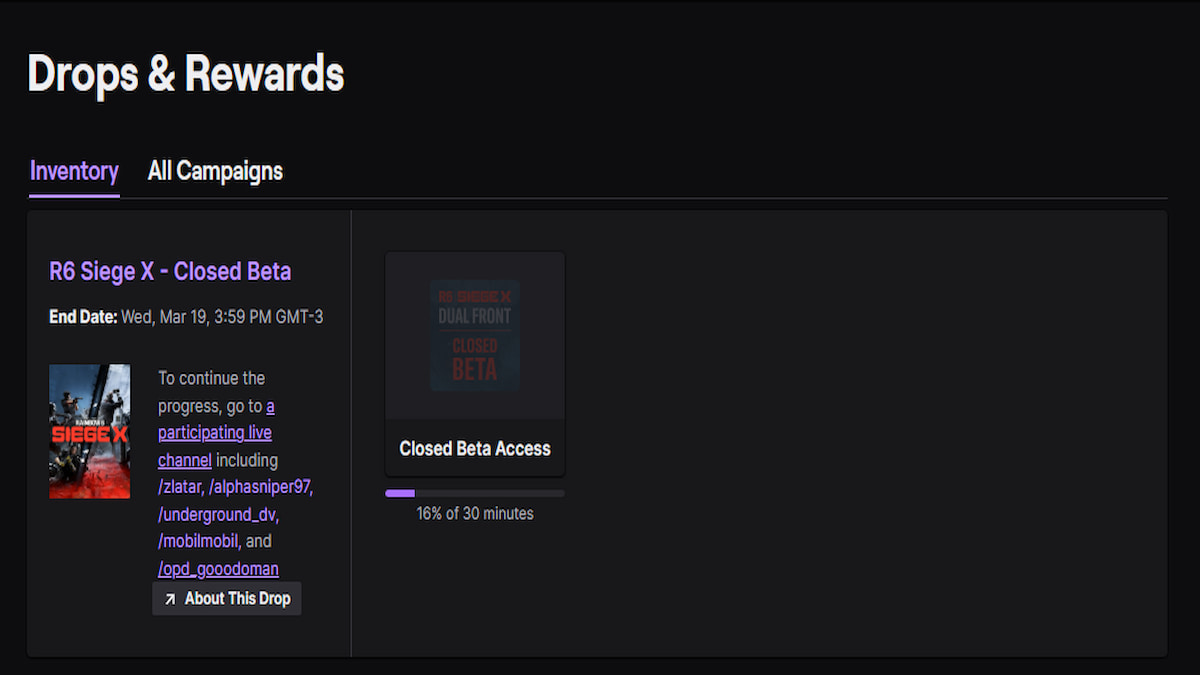 The Drops and Rewards page on Twitch with the R6 Siege X - Closed Beta drop.