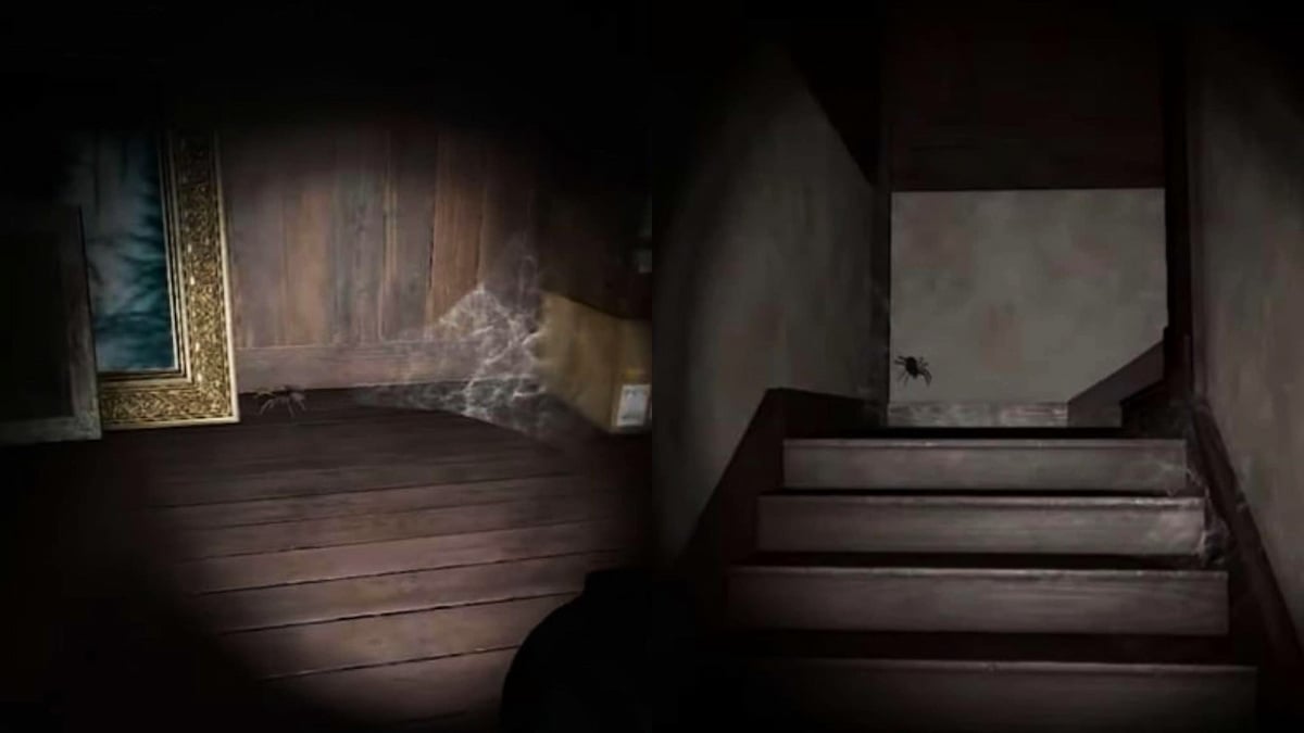 A spider scurrying from a web to behind a painting and a spider in a web on some stairs in Phasmophobia.
