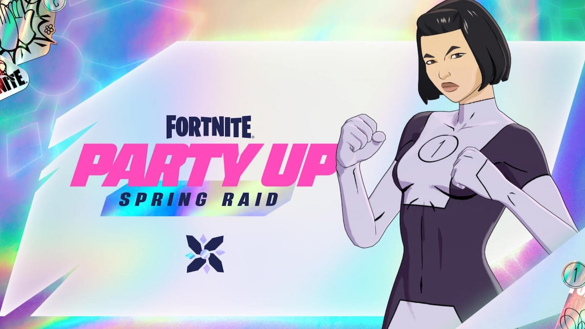 Dupli-Kate holding up her fists next to the party up Spring Raid logo for Fortnite.