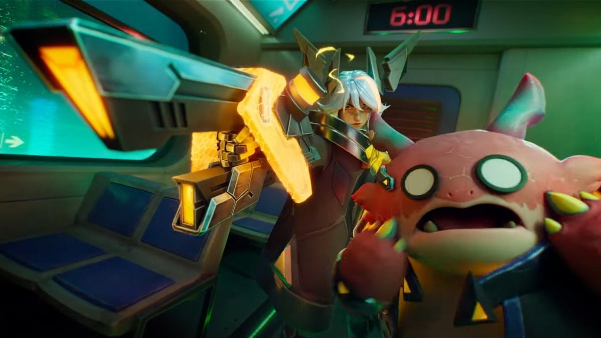 TFT Set 14 cyber city cinematic projekt zeri pointing large yellow gun with red choncc next to her surprised