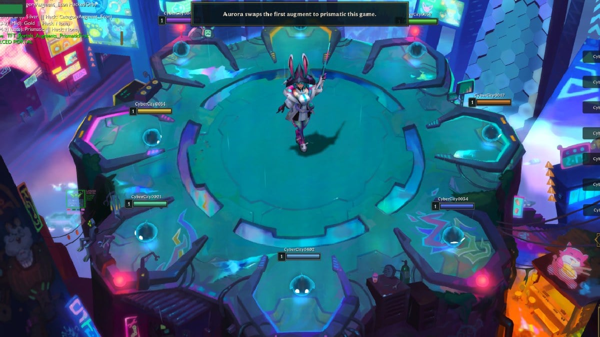 TFT Set 14 aurora opening encounter with players standing around her cyber city