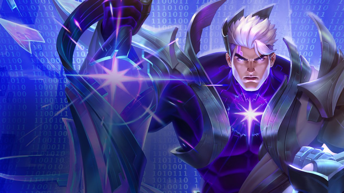 TFT set 14 Garen God of the Net Splash art showing blue futuristic garen trait